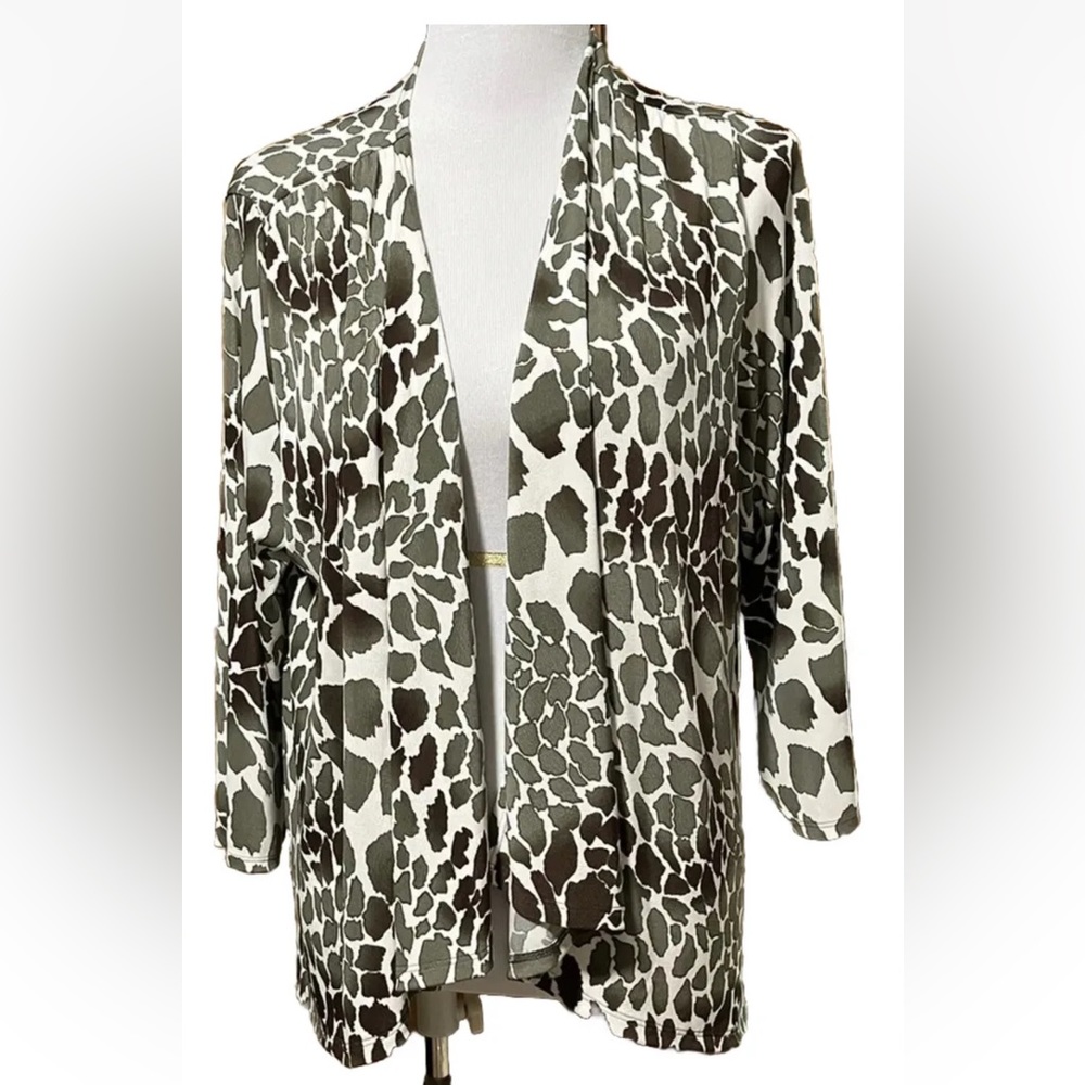 Additions by Chico's Top, 3/4 Sleeve Jacket, Green Animal Print, Women’s Sz 3